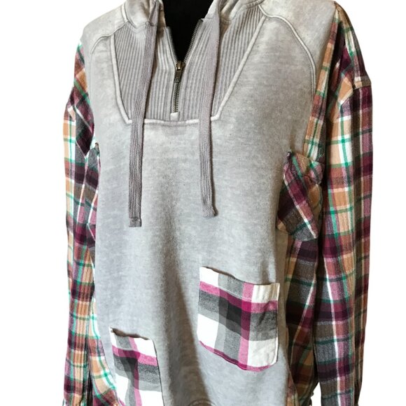 Patchwork Hoodie, Plus Size XL-2X: Upcycled Gray Magenta Plaid Boho Jacket - Picture 11 of 15